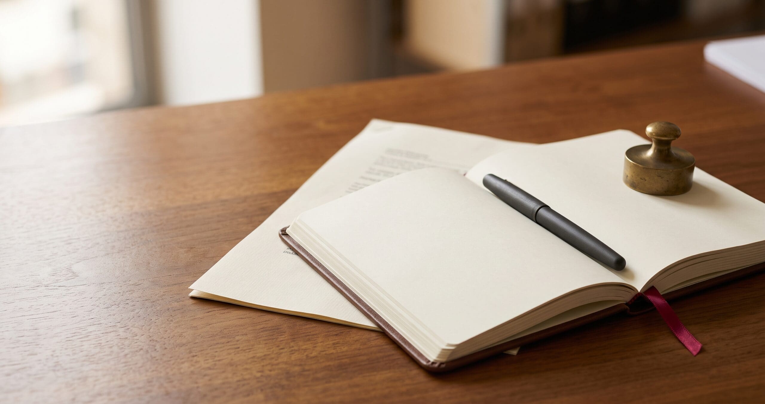 Open diary, fountain pen and a folded lease document on a timber desk, representing an annual commercial property legal review